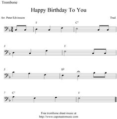 happy birthday to you sheet music for trombone, piano and bass players with the words happy birthday