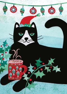 a painting of a black cat holding a cup of coffee with christmas decorations around it