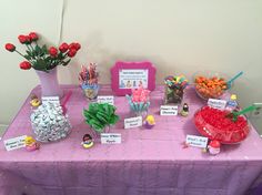 the table is covered with candy and candies