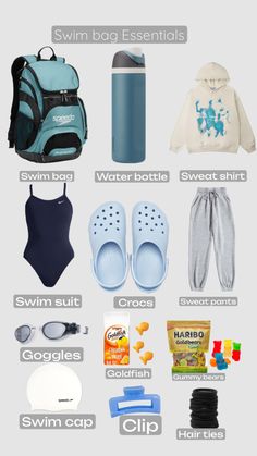 the contents of a water bottle, swimsuit, sunglasses, and backpack are shown