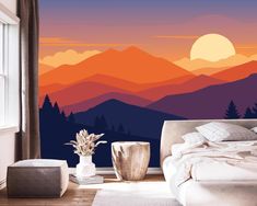 a bedroom scene with the sun setting in the mountains and trees on the horizon wallpaper