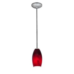 a red glass light hanging from a ceiling fixture on a white background with no lighting