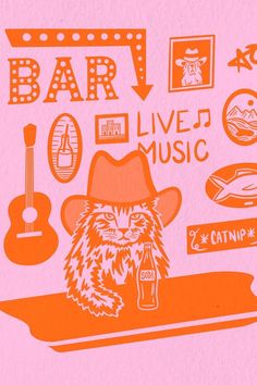 an orange and pink illustration of a cat wearing a cowboy hat sitting at a bar