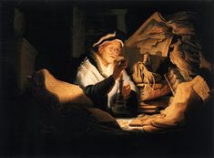 a painting of a man reading in bed