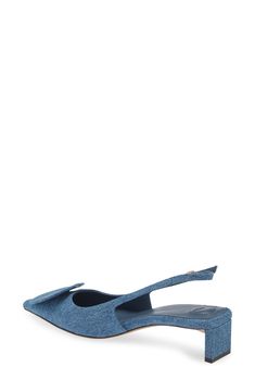 These denim slingback pumps feature mismatched circle and square appliqués at the pointy toe and a kitten heel that bring modern fun to your street style. 2" (51mm) heel (size 39) Adjustable slingback strap with buckle closure Cushioned footbed Textile upper/leather lining and sole Made in Italy Designer Shoes Designer Kitten Heels With Pointed Toe For Summer, Designer Summer Kitten Heels With Pointed Toe, Designer Blue Slingback Pumps With Pointed Toe, Designer Low Heel Kitten Heels For Spring, Designer Low Heel Slingback Pumps For Summer, Ivory Pumps, Slingback Flats, Blue Pumps, Kitten Heel Pumps