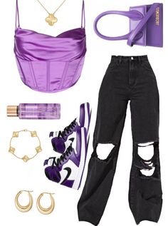 Purple Black And White Outfit, Twitchcon Outfits, Gold And Purple Outfit, Stage Outfits Purple, Black And Purple Outfit Ideas, Purple Fits Aesthetic, Purple Baddie Outfits, Yunjin Fashion, Euphoria Outfits Ideas