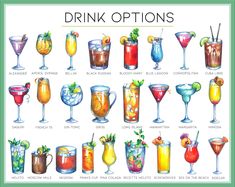 a poster with different types of drinks on it's front and back sides, all labeled in the same font