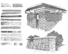 an old brick building with different types of bricks on the outside and inside, along with other drawings