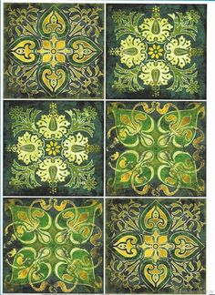 four green and yellow tiles with different designs