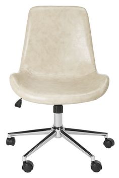 a white office chair with wheels and casteors on an isolated white background, viewed from the front