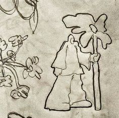 a drawing of a man with a cane and flowers on the ground next to him