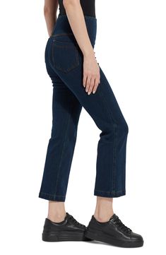 Pull-on ankle pants made of smooth four-way-stretch demin feature polished hardware and a kicky cropped leg for a clean, streamlined silhouette. 27" inseam; 14 1/2" leg opening; 10 1/4" front rise; 14" back rise Pull-on style Back patch pockets 95% cotton, 5% spandex Machine wash, line dry Imported Dark Wash Stretch Cropped Leg Flare Jeans, Dark Wash Stretch Cropped Flare Jeans, Modern Stretch Straight Bottoms, Modern Straight Stretch Bottoms, Fitted Cropped Leg Flare Jeans, Classic High Rise Stretch Cropped Jeans, Classic High-rise Stretch Cropped Jeans, Classic Cropped Leg Stretch Bottoms, Stretch Cropped Leg Jeans In Dark Wash