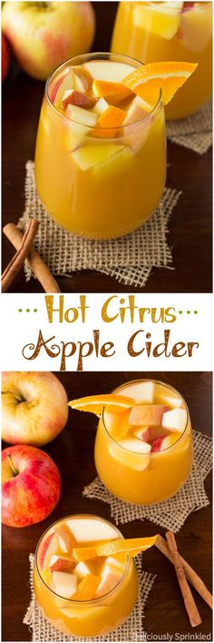 two glasses filled with apple cider sitting on top of a table