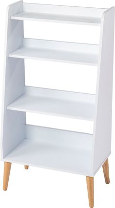 a white book shelf with three shelves and two wooden legs on the bottom one is empty