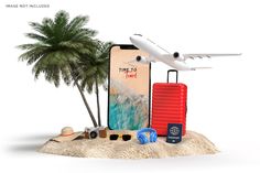 an airplane is flying over the beach with suitcases and other items in front of it