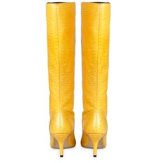 The Saint Adella yellow leather boot is a luxury that cleverly combines a stylish youthful outlook. These knee high boots have a emobssed leather upper and a pointed toe to add a touch of style to your everyday look. Made from the finest materials. Features a covered stiletto heel, stitching details with paneled finish. complete with leather & fleece lining, padded leather footbed with stamped logo. the gorgeous boot sit on a 2.9 inches stiletto heel. The approx. height of the boot is-18.5 Inche Luxury Boots For Workwear In Spring, Luxury Boots For Spring Workwear, Yellow High Heel Boots For Fall, Yellow Platform Boots For Fall, Yellow Leather Boots For Fall, Chic Yellow Boots For Fall, Yellow Pointed Toe Party Boots, Yellow Pointed Toe Boots For Party, Yellow High Heel Leather Boots