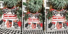 two pictures of christmas decorations on display in front of a table with black and white checkered cloth