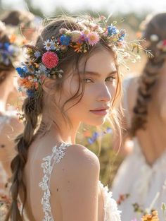 a woman with flowers in her hair standing next to two other women wearing dresses and braids