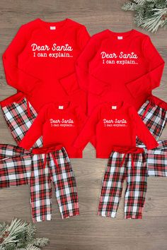 *Adult & child sets sold separately* Pajama set comes with long sleeve top and pair of pants Plaid print fabric lends sweet, seasonal charm Soft fabric provides cozy all-night comfort Perfect for family Holiday pictures, or relaxing movie nights in Gift your family's wardrobe a seasonally sweet vibe with these "Dear Santa I Can Explain" Family Pajamas. These pajama sets come with a long-sleeve top and pair of matching plaid bottoms. Both pieces are made from a soft fabric blend for comfortable w Christmas Jammies Family, Family Pajamas Christmas, Family Holiday Pictures, Dear Santa I Can Explain, Santa I Can Explain, Flannel Skirt, Christmas Pjs Family, I Can Explain, Sparkle In Pink