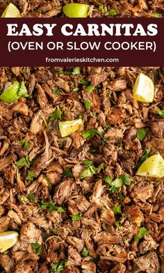 pulled pork carnitas with lemons and parsley on top