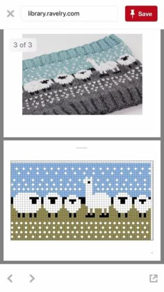 two pictures of sheep on the same page, one is knitted in different colors