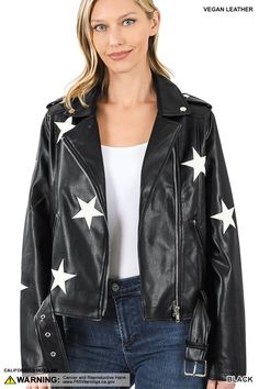 Star patch vegan leather belted mono jacket. Zipper front/wrist. poly/spandex Design Jacket, Vegan Leather Jacket, Faux Leather Moto Jacket, Belted Jacket, Leather Jacket Black, Leather Moto, Leather Moto Jacket, Black Star, Moto Jacket