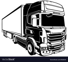 a black and white semi truck with no trailer on the front, side view illustration