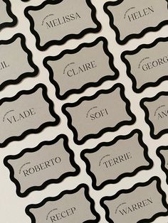 black and white business cards with name tags