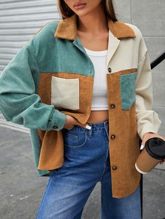 Verschiedenfarbig Lässig Collar Langärmelig Stoff Farbblock Hemdjacke Embellished Undehnbar Drop Shoulder Coat, Block Button, Pocket Shirt, Button Front Shirt, Mode Inspiration, Looks Vintage, Cute Casual Outfits, Aesthetic Clothes, Drop Shoulder