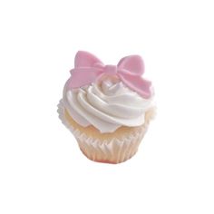 a cupcake with white frosting and a pink bow on it's top