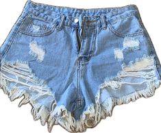 Summer Ripped Light Wash Pants, Summer Cutoff Denim Pants, Blue Cutoff Pants For Spring, Summer Denim Cutoff Pants, Light Wash Ripped Pants For Summer, Light Wash Ripped Summer Pants, Summer Light Wash Ripped Pants, Summer Vacation Ripped Bottoms, Ripped Short Summer Bottoms