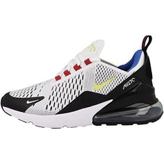 the nike air max sneakers in white and black with yellow, blue and red accents