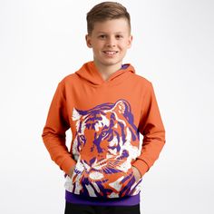 Please allow 10-14 business days. * I have one Med  in stock! This kids hoodie features a soft and durable fabric that has a cotton feel to it. The brushed fleece on the inside will make this the most comfy hoodie ever! Whether it's school trips or lazy days, this hoodie is ultra comfortable. Each panel is individually printed with Karen's "Staring Tiger" design on the front, then cut and sewn to ensure a flawless graphic. Long Sleeve Hoodie With Ribbed Cuffs For School, Casual Fleece Hoodie For School, Casual School Fleece Hoodie, Cotton Hoodie For School, Sporty Hooded Hoodie For School, Hooded Hoodie With Drawstring For School, School Hoodie Sweatshirt With Drawstring Hood, School Hoodie With Drawstring Hood, Sporty Hoodie Sweatshirt For School