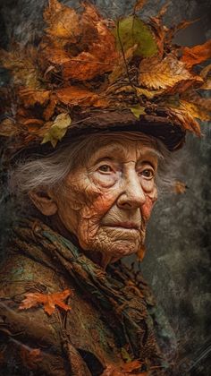 an old woman with leaves on her head