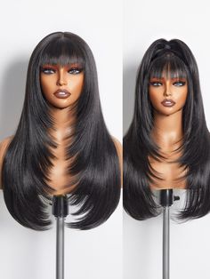 PRICES MAY VARY. 🔥EXPERIENCE STYLE-ARCHIVE: Ingeniously crafted with a blend of Premium Fiber and Remy Human Hair, our black straight layered wigs boast a "human-hair-like" touch, paired with the exceptional lasting power of premium fibers. Say goodbye to messy tangles or losing your style throughout the day. Embrace the beauty that stays impeccable from morning to night. 🔥PUT ON & GO: Beginner-friendly. This 22 inch glueless natural black straight layered wig with bangs requires no expertise Straight Skunk Stripe Wig, Wigs Under $20, Wigs Black Long, Long Afro Wigs, Human Hair Black Wig, Midfle Part Wig, Black Lace Frint Wigs, Best Black Wigs, Good Hair Store Weave