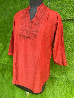 Product details:- Red A-line kurti ,has a band neck, three quarter sleeves flared hem. Material:-viscose rayon  Hand wash Breast:22 Length:28 Red Straight Kurta For Spring, Festive Kurta With 3/4 Sleeves, Red Straight Kurta Top For Festive Occasions, Red Cotton Straight Kurta Tops, Casual Red Cotton Kurta, Traditional Half-sleeve Cotton Kurta, Traditional Red Kurta For Spring, Festive Bohemian Kurta With 3/4 Sleeves, Red Cotton Long Sleeve Tunic