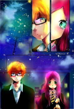 two anime characters with pink hair and green eyes in front of a night sky background