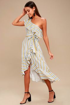 Yellow Bridesmaid & Cocktail Dresses under $100 at Lulus.com Womens Yellow Dress, Yellow Striped Dress, Cocktail Dress Yellow, Dresses Lulus, Womens Wrap Dress, One Shoulder Midi Dress, Lulus Dresses, Rayon Dress, High Tide