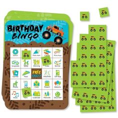 a birthday bingo game with lots of green stickers and numbers on the back ground