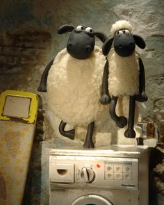 two stuffed sheep standing on top of a washing machine