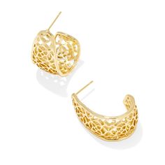 Amp up your accessorizing with the Janie Hoop Earrings. Featuring intricate metal filigree inspired by the Kendra Scott medallion logo, these bold hoop earrings will have you set to stun for any (and every!) occasion. Designer, founder, and philanthropist Kendra Scott started her company in 2002, just three months after her first son was born. Her commitment to innovation, quality, customer service, and detail has taken her from a small startup to a billion-dollar brand. Kendra Scott is known fo Kendra Scott, Apparel Accessories, Gold Earrings, Shoe Jewelry, Hoop Earrings, Jewelry Earrings, Gold