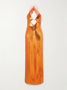 Galvan's 'Kite' maxi dress captures the high-octane glamor of '90s supermodels. Made from satin, it's covered in scores of light-catching sequins and cutout at the bodice to reveal glimpses of skin. When the camera lands on you, turn to show the open back. Funky Formal Dresses, Disco Formal, Miami Ootd, Lynda Benglis, Night Party Dresses, Hollywood Glam Dress, Mahna Mahna, Dress Reference, Dreamy Style