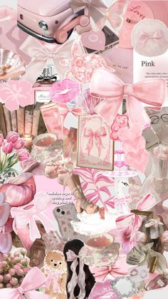 a collage of pink items and flowers