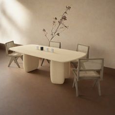 a table and chairs in a room with a plant on the wall next to it