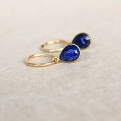 "Sweet little drops of Lapis Lazuli framed in gold plated bezels are hung from gold-filled little hoops.   Subtle and delicate but quite polished looking.  Perfect with any jeans outfit.    1\" dangle length" Gold And Blue Jewelry, Lapis Lazuli Jewelry, Lapis Lazuli Earrings, Jewelry Lookbook, Blue Lapis, Blue Jewelry, Jeans Outfit, Jewelry Inspo, Dream Jewelry