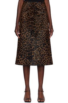 TOTEME - Brown Leopard Leather Midi Skirt Flair Jeans, Leather Midi Skirt, Black Rope, Brown Leopard, Black Faux Fur, Calf Hair, Leopard Pattern, Straight Jeans, White Stripe