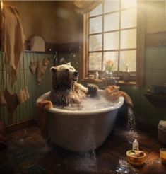 a teddy bear sitting in a bathtub filled with soapy water next to a window