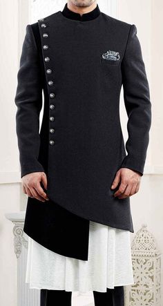 Long Sleeve Kurta With Dabka For Reception, Semi-stitched Long Sleeve Bandhgala For Reception, Long Sleeve Kurta For Diwali Reception, Long Sleeve Kurta For Festivals And Receptions, Semi-stitched Nehru Jacket With Long Sleeves For Reception, Long Sleeve Kurta For Reception And Festivals, Semi-stitched Long Sleeve Nehru Jacket For Reception, Fitted Ceremonial Kurta With Stand Collar, Fitted Kurta With Zari Work And Stand Collar