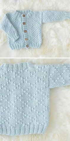 two pictures of a baby sweater with buttons on the front and back, one in light blue