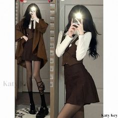 School Uniform Set: Vest, Long-Sleeve Shirt, and Midi Skirt Casual Office Skirt For Fall, Casual Fall Office Skirt, Casual Office Skirt For Fall Season, Dark Academia Fitted Skirt For Fall, Fitted Dark Academia Skirt For Fall, Pop Clothes, Academia Outfits, Kpop Fashion Outfits, Edgy Outfits